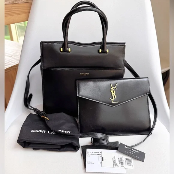 SOLD❤️Saint Laurent YSL Uptown Small Black Monogram Top Handle Bag + Clutch - Picture 5 of 16